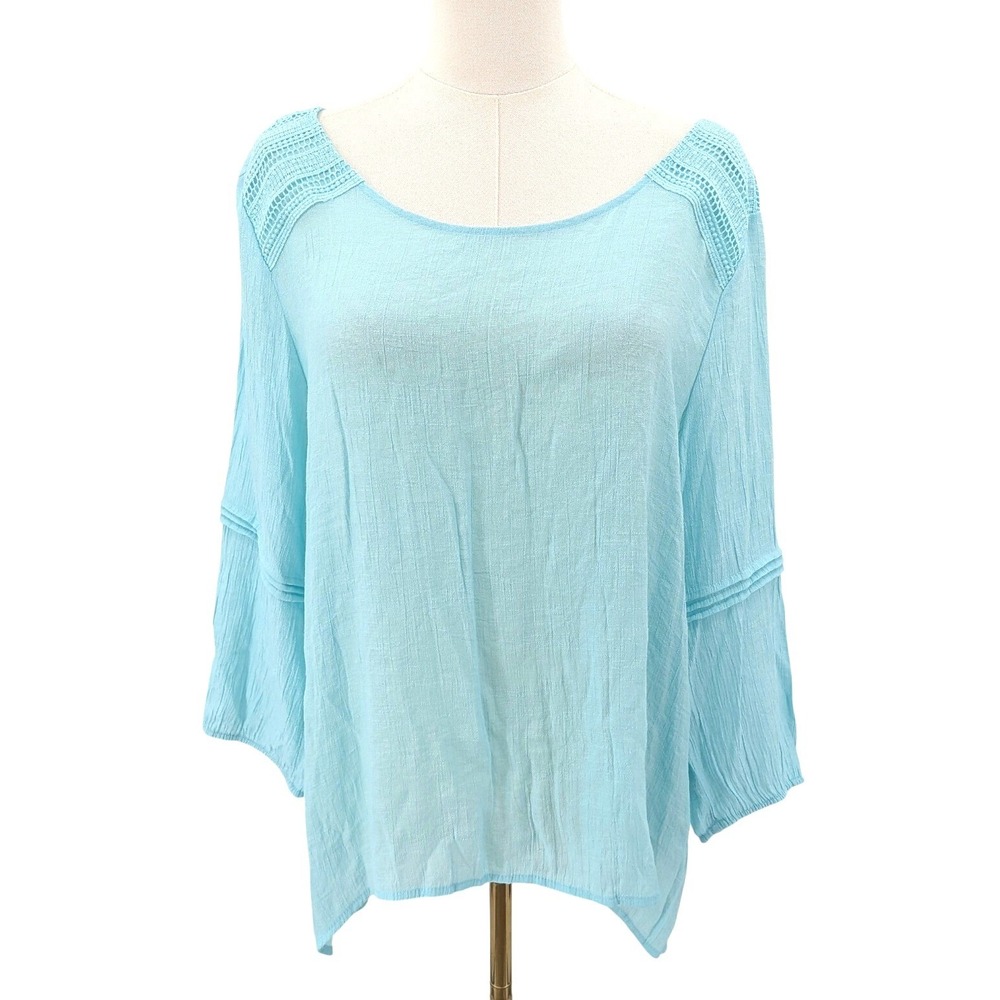 Boho gauze‎ blouse aqua blue flowy top crochet shoulder airy loose XL